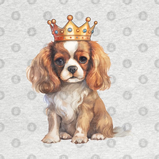 Watercolor Cavalier King Charles Spaniel Dog Wearing a Crown by Chromatic Fusion Studio